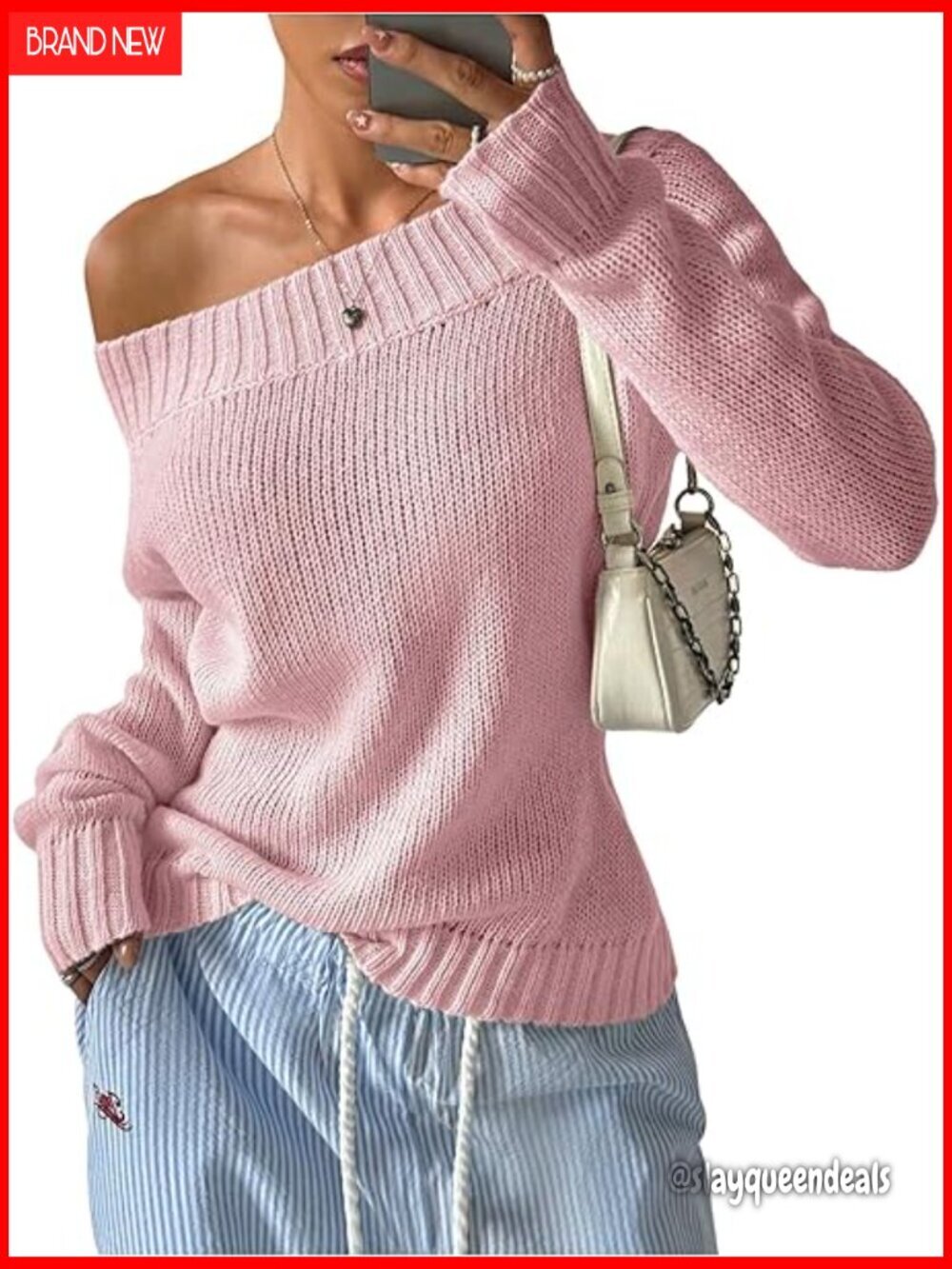 Off Shoulder Sweater Pullover Long Sleeve Loose Fit Knit Top